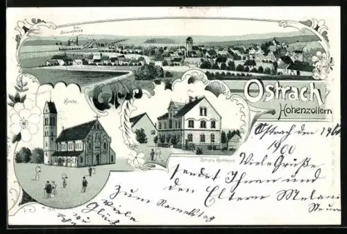 Lithographie Ostrach i. Hohenzollern, Torf-Briquetfabrik, Kirche, Schul- und Rathaus