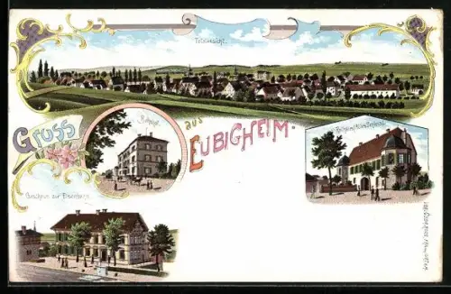 Lithographie Eubigheim, Gasthaus zur Eisenbahn, Rathaus /Altes Schloss, Bahnhof und Gesamtansicht