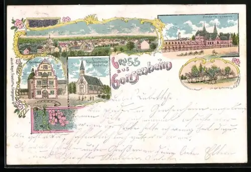 Lithographie Gonsenheim, Artillerie-Kaserne, Kirche und Rathaus, Gesamtansicht