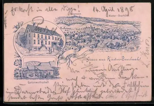 Lithographie Nieder-Beerbach, Gasthaus Zum Darmstädter Hof, Ortsansicht mit Kirche