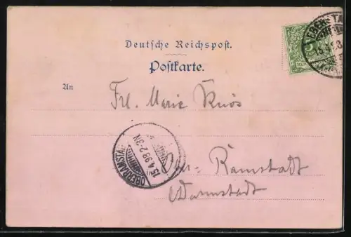 Lithographie Nieder-Beerbach, Gasthaus Zum Darmstädter Hof, Ortsansicht mit Kirche