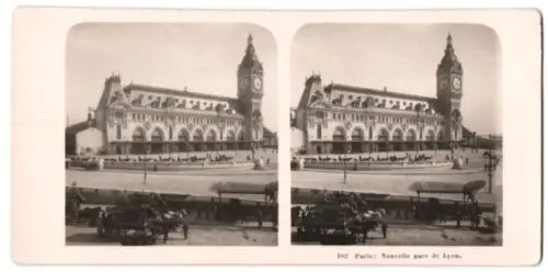 Stereo-Fotografie NPG, Berlin, Ansicht Paris, Nouvelle gare de Lyon, Bahnhof mit Pferdekutschen