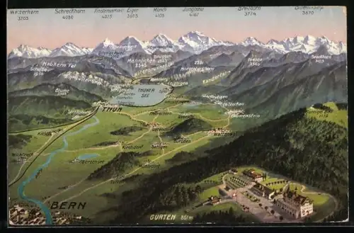 AK Bern, Landkarte der Umgebung mit Thun, Gurten & Wattenwyl