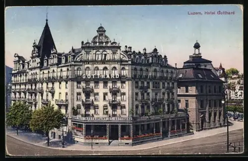AK Luzern, Hotel St. Gotthard Terminus, Grand Café u. Restaurant, Frontansicht