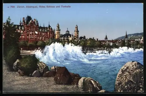 AK Zürich, Alpenquai, Rotes Schloss und Tonhalle