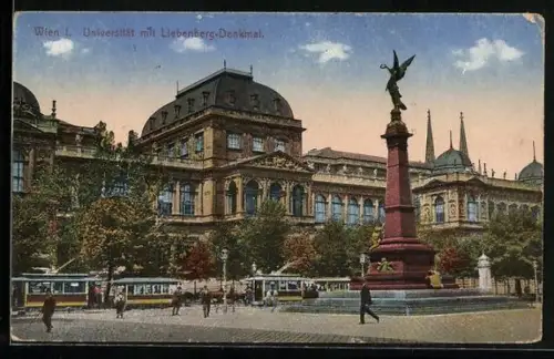 AK Wien I., Strassenbahn in Fahrt vor der Universität, Liebenberg-Denkmal