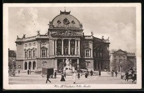 AK Wien VI, Deutsches Volkstheater, Denkmal auf dem Vorplatz