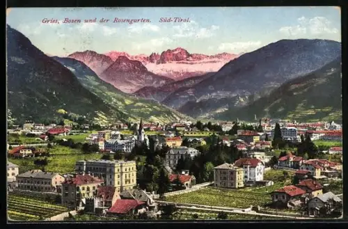 AK Gries-Bozen, Blick auf Bozen und den Rosengarten