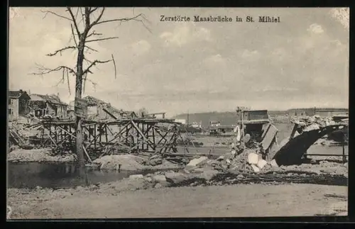 AK Saint-Mihiel, Zerstörte Maasbrücke