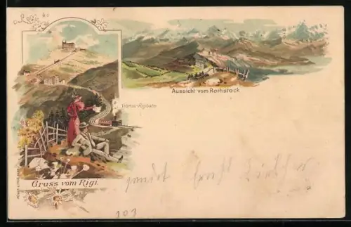 Lithographie Rigi, Aussicht vom Rothstock, Vitznau-Rigibahn