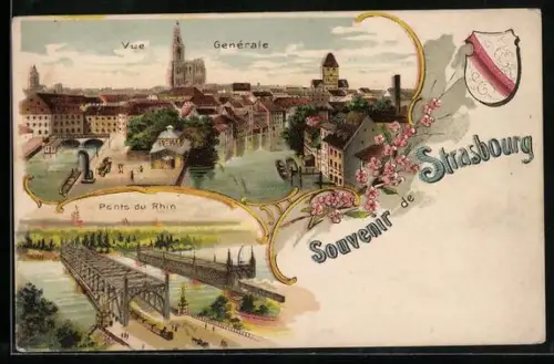 Lithographie Strasbourg, Vue Generale avec la Cathedrale, Ponts du Rhin