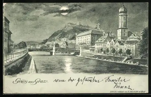 Mondschein-AK Graz, Flusspartie mit Brücke im Vollmondlicht