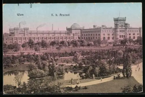 AK Wien X, K. K. Arsenal, Parkanlage mit Brücke und See