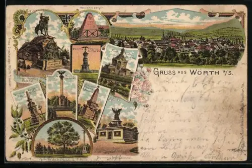Lithographie Wörth, Hessisches Denkmal, Kaiser Friedrich-Denkmal, Kürassier-Denkmal, Blick zum Ort, Eisernes Kreuz
