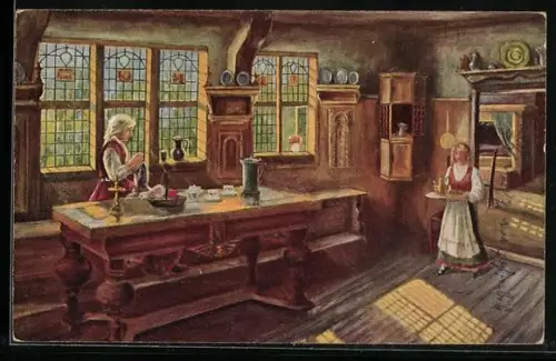 Künstler-AK sign. G. Schneevoigt: Beim Frühstück, Mutter und Tochter