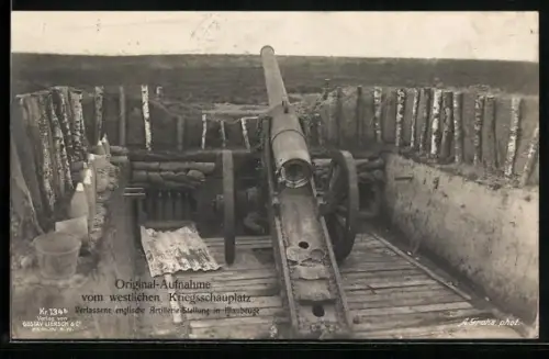 AK Maubeuge, Geschütz in einer verlassenen englischen Artilleriestellung