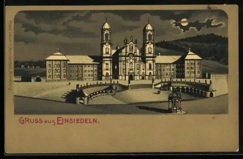 Mondschein-Lithographie Einsiedeln, Blick auf das Kloster