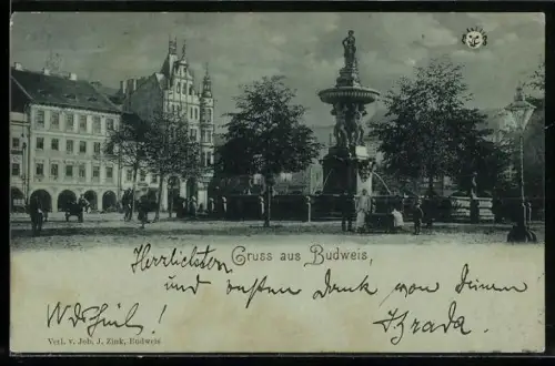 Mondschein-AK Budweis, Strassenpartie mit Brunnen