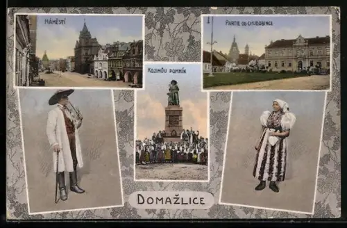 AK Domazlice, Námesti, Partie od Chudobince, Einheimische in Tracht
