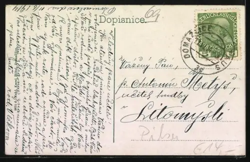 AK Domazlice, Námesti, Partie od Chudobince, Einheimische in Tracht