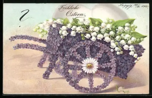 AK Wagen aus Veilchen, Maiglöckchen, Blumenbild, Ostern