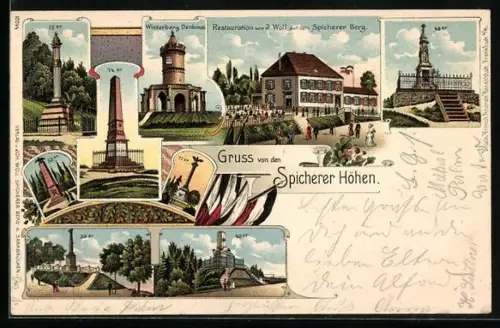 Lithographie Spichern, Spicherer Höhen, Restaurant von J. Woll auf dem Spicherer Berg, Winterberg-Denkmal, 74er