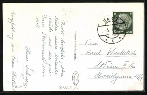 AK Gnas, Hauptplatz mit Friseur und Säule