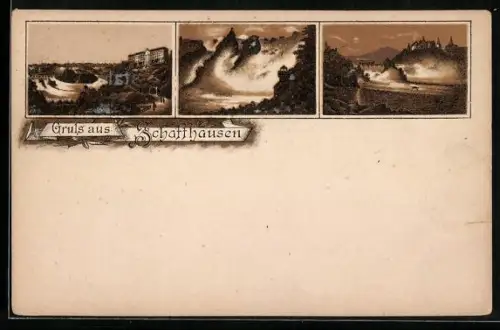 Lithographie Schaffhausen, Hotel, Ortspartie, Panorama