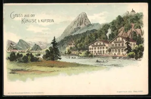 Lithographie Kufstein, Partie an der Klause
