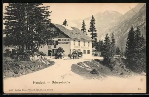 AK Guttannen, Handeck a. d. Grimselroute, Restaurant Handeck, Pferdekutschen, um 1900