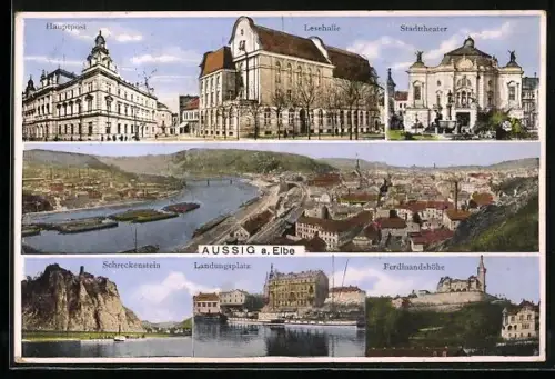 AK Aussig / Usti, Hauptpost mit Lesehalle und Stadttheater, Schreckenstein, Landungsplatz