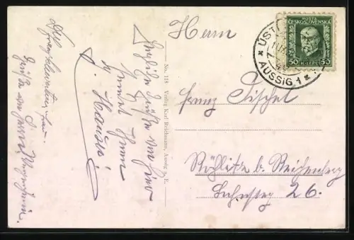 AK Aussig / Usti, Hauptpost mit Lesehalle und Stadttheater, Schreckenstein, Landungsplatz