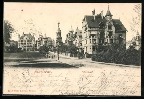 AK Karlsbad, Westend, Ortspartie mit Villen und Turm