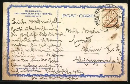 Künstler-AK Zermatt, Mischabel et Chapelle de Winkelmatten