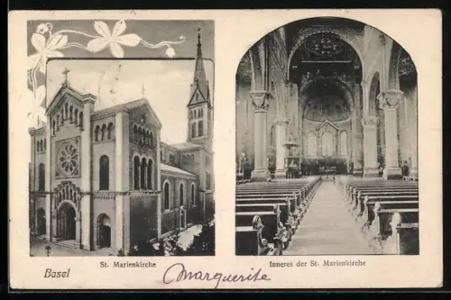 AK Basel, Innen- und Aussenansicht der St. Marienkirche