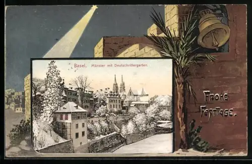 AK Basel, Münster mit Deutschrittergarten im Schnee, Festtagsgruss, Passepartout