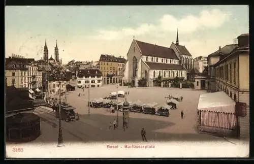 AK Basel, Barfüsserplatz mit Strassenbahn, Litfasssäule, Marktstände