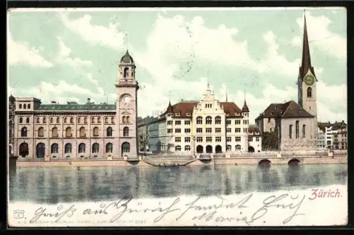 AK Zürich, Uferpartie mit Kirche