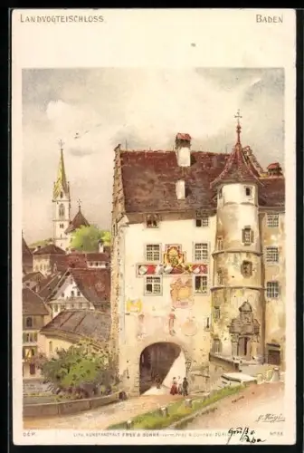 Künstler-AK Baden, Landvogteischloss mit Besuchern