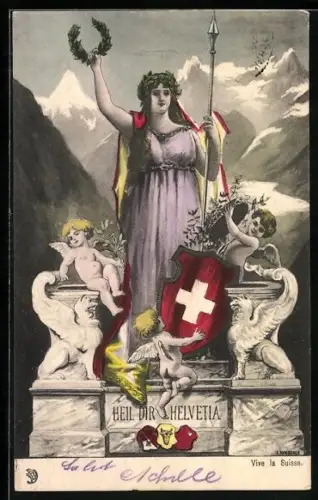 AK Schweiz, Helvetia mit Wappenschild und Sieges-Lorbeer