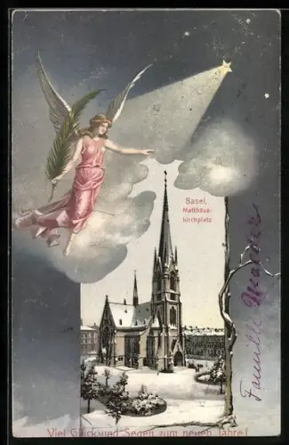 AK Basel, Matthäus-Kirchplatz und Friedensengel