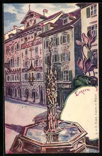 Künstler-AK Luzern, Ortspartie beim Denkmal