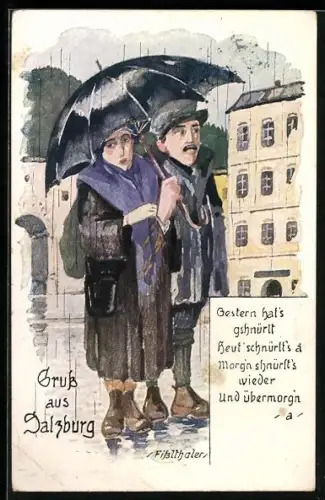 Künstler-AK Salzburg, Paar unterm Regenschirm auf der Strasse