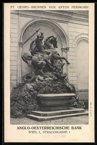 AK Wien I, St. Georg-Brunnen von Anton Fernkorn, Werbung für Anglo-Österreichische Bank in der Strauchgasse 1