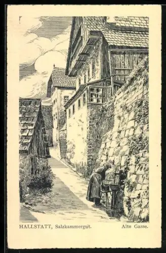 Künstler-AK Hallstatt, eine Frau in der alten Gasse