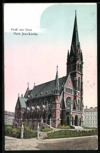 AK Graz, Herz-Jesu-Kirche, von der Strasse gesehen