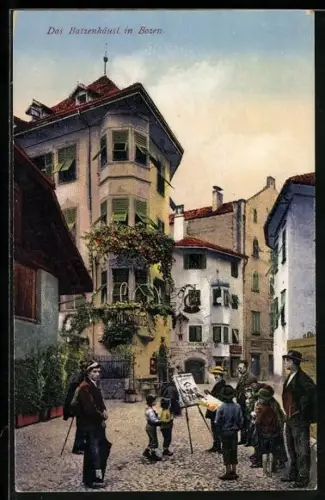 AK Bozen, Maler malt das Batzenhäusl, Weinfest Im Bozener Batzenhäusl am 28. Okt. 1910