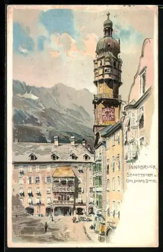 Lithographie Innsbruck, Stadtturm und Restaurant Goldenes Dachl