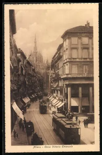 AK Milano, Corso Vittorio Emanuele mit Strassenbahnen aus der Vogelschau