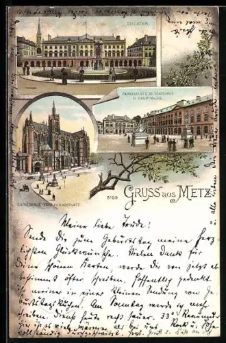 Lithographie Metz, Theater, Paradeplatz mit Stadthaus, Cathedrale